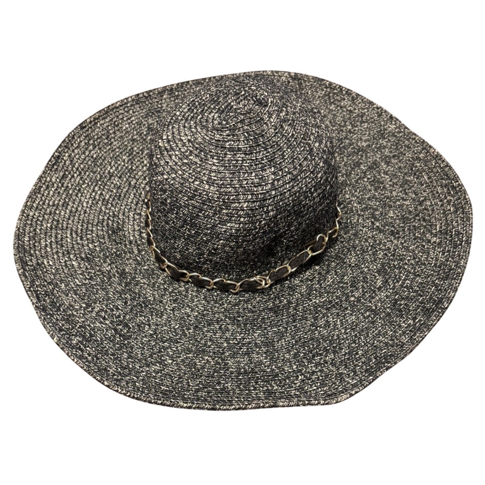 Sun N Sand Women Black White Marled Straw Wide Brim Sun Hat Gold Chain Accent
